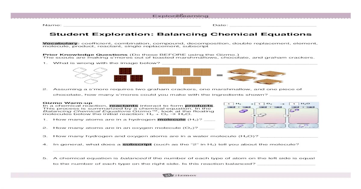 Gizmo chemical equations answer key