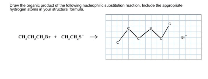 Draw the organic product of the nucleophilic substitution reaction.